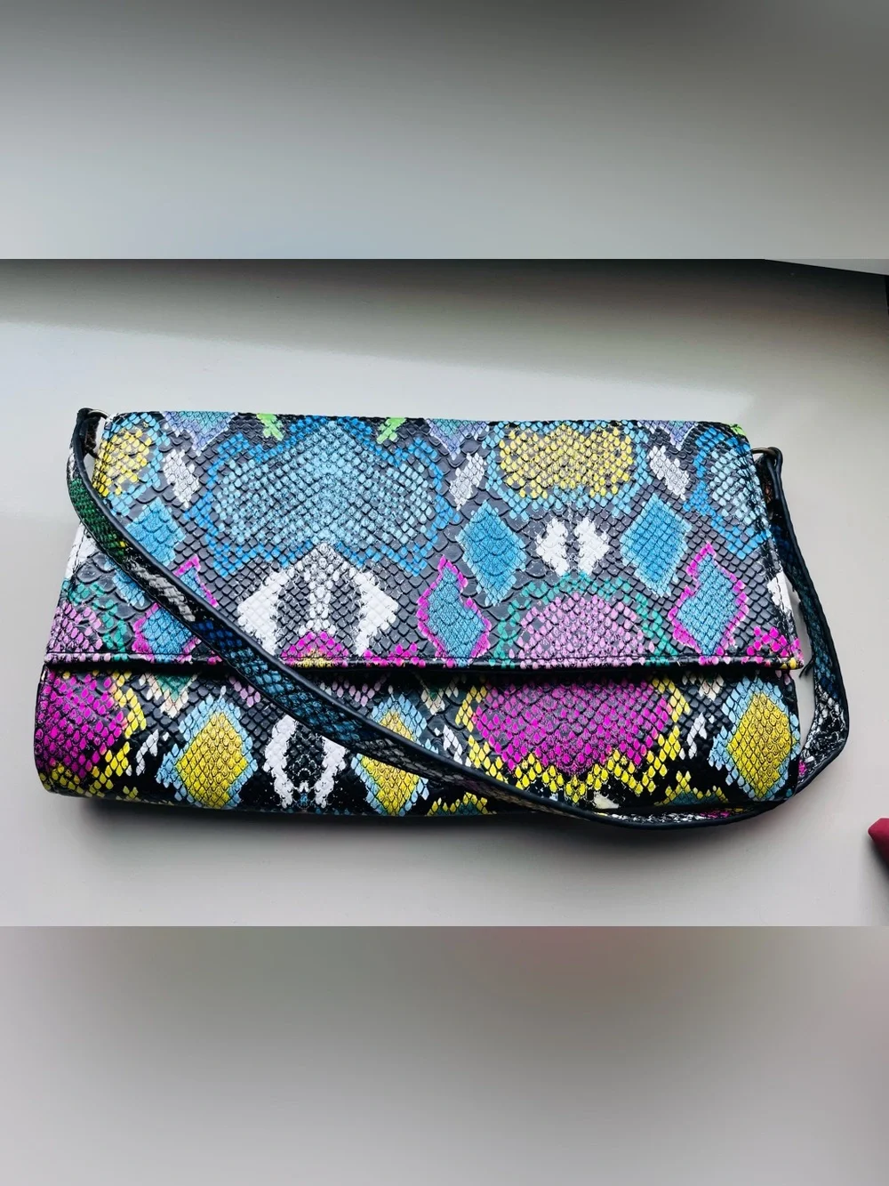 Colorful Snakeskin-Pattern Clutch with Removable Shoulder Bag Strap Vegan